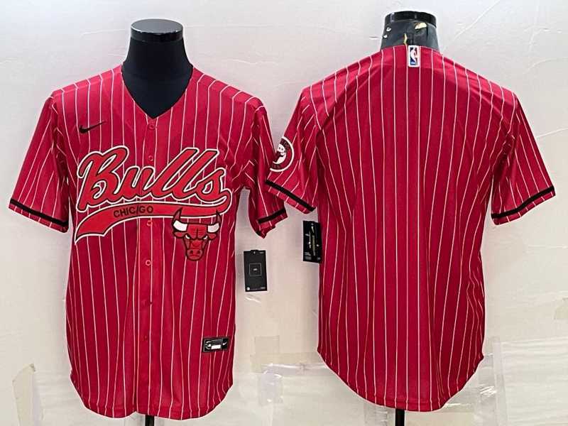 Mens Chicago Bulls Blank Red Pinstripe With Patch Cool Base Stitched Baseball Jersey